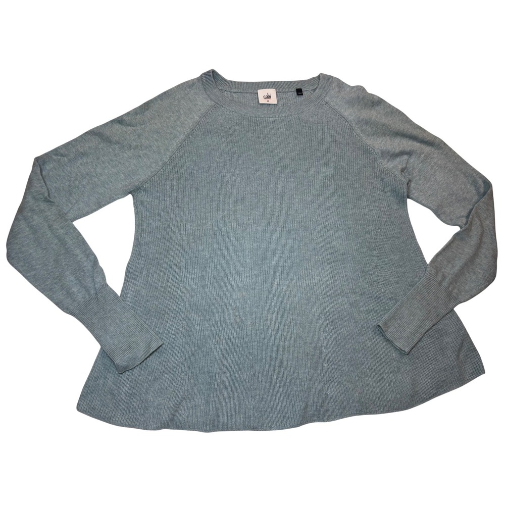 Cabi Sweater Women's Blue Excellent Ribbed Raglan Sleeve Flare Knit Top Sz Med